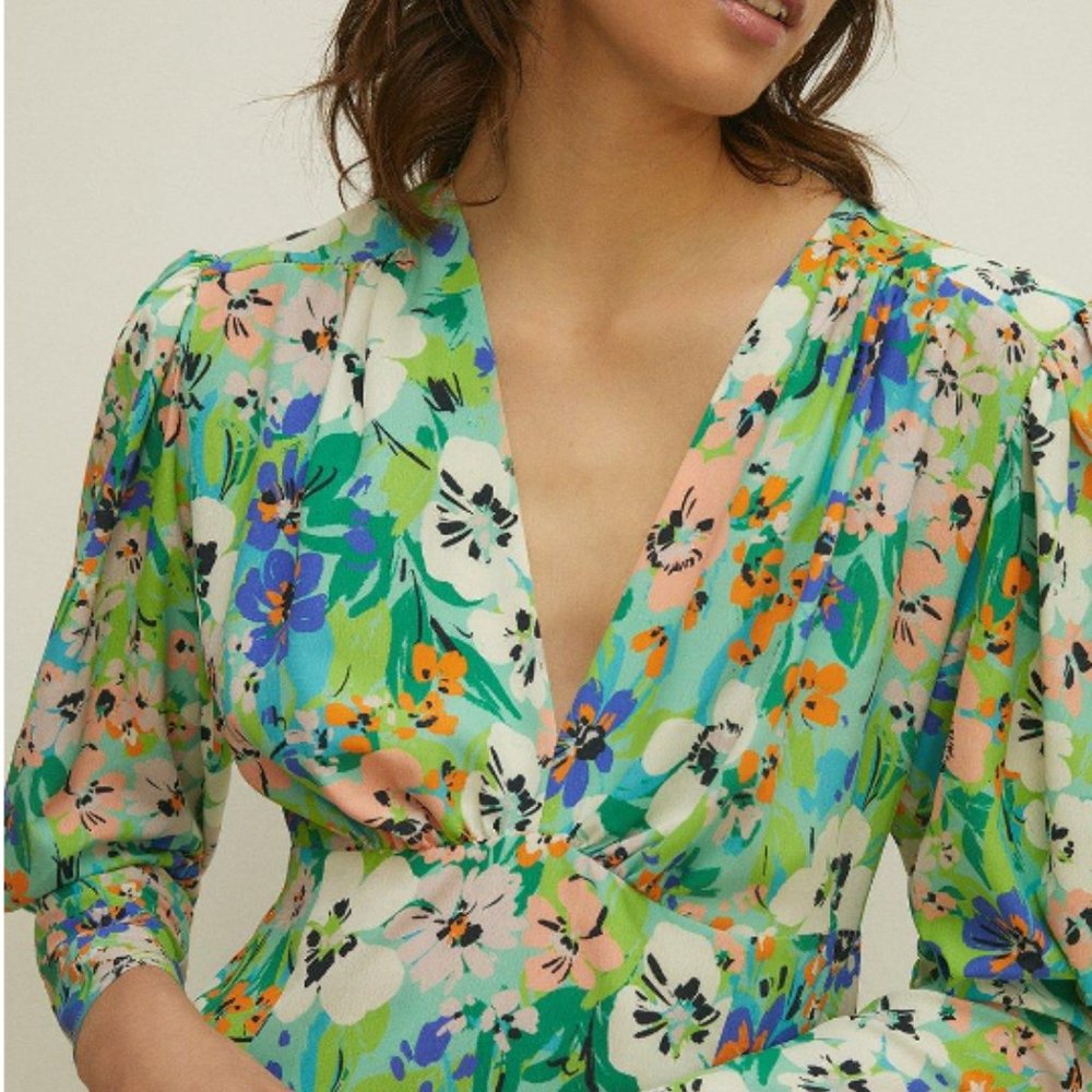 Oasis Tropical Floral V Neck Midi Dress, US 8